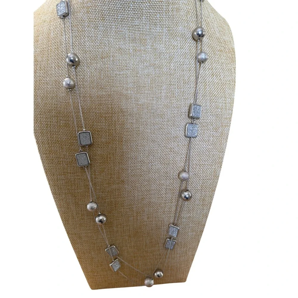 Silver Tone Multi‎ Strand Long Station Necklace Square Glitter Textured Spheres
